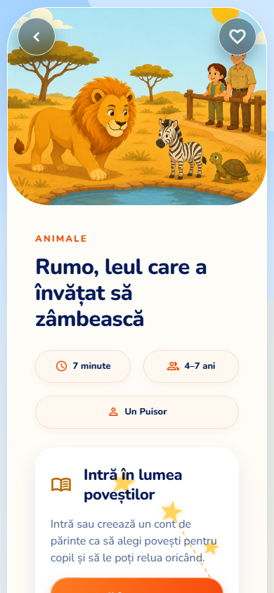 Ecran real din aplicație pentru povestea Rumo, leul care a învățat să zâmbească